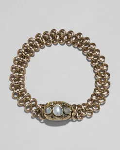 Antique Early 1800s 14k Gold with Mother of Pearl & Diamond Hand Engraved Link Bracelet