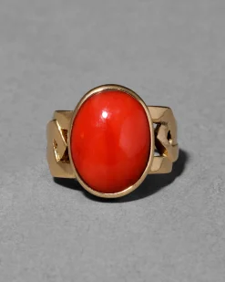 Antique Edwardian 1910s 18k Gold & Coral Modern Design Shank Ring