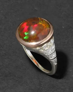 Antique Edwardian 1910s 14k Rose Gold Platinum Opal & Diamond Band Ring