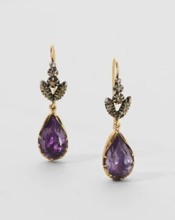 Antique 14k Gold and Sterling Silver Earrings with Amethyst and Leafy Diamond Tops