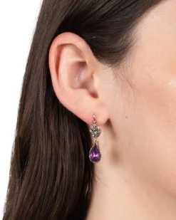 Antique 14k Gold and Sterling Silver Earrings with Amethyst and Leafy Diamond Tops