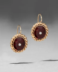 Antique 1930s 14k Gold Rope Framed Ruby with Diamond Earring