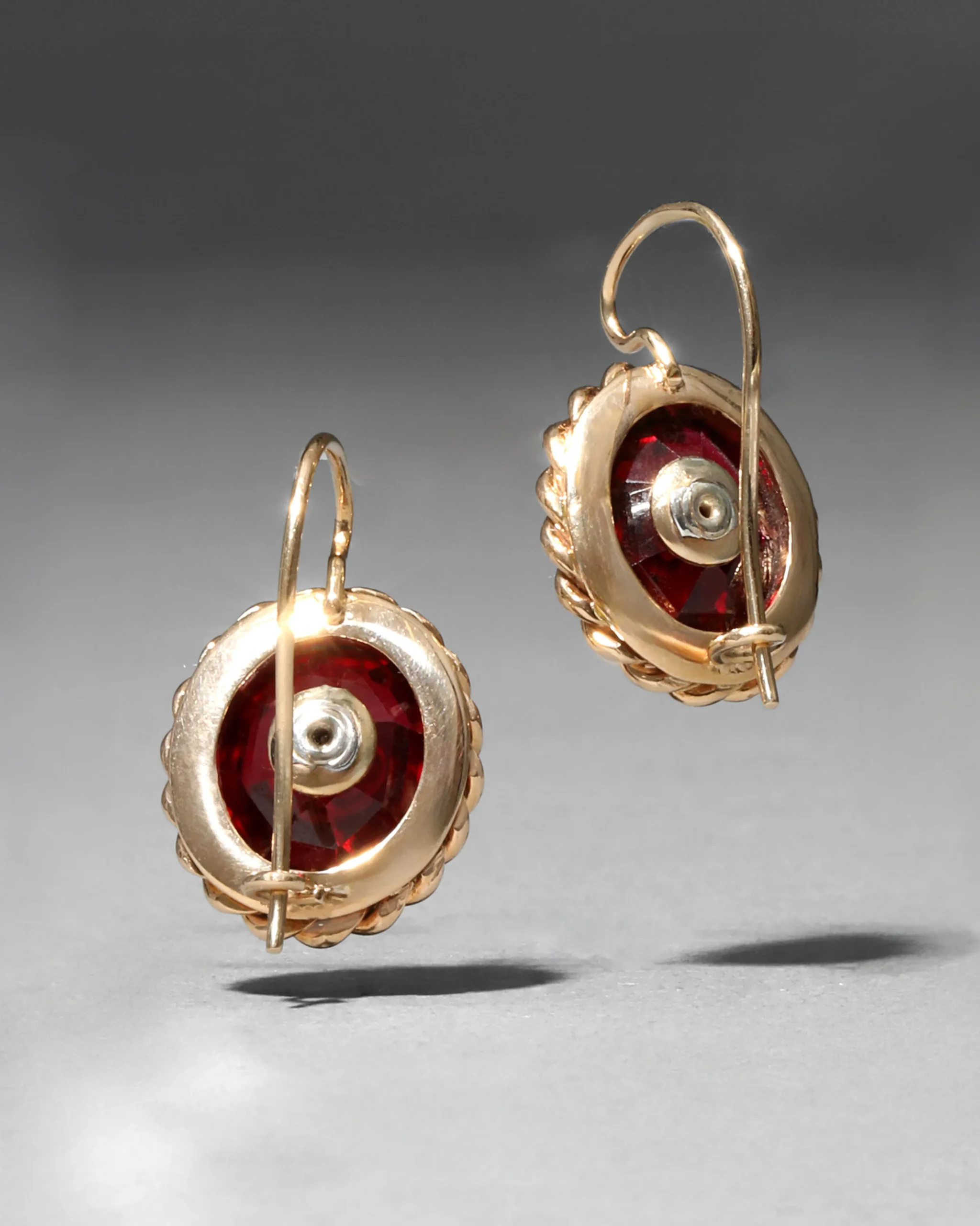 Antique 1930s 14k Gold Rope Framed Ruby with Diamond Earring