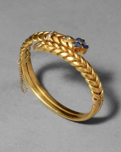 Antique 1870s 14k Gold Sapphire & Rose Cut Diamond Hinge Bracelet