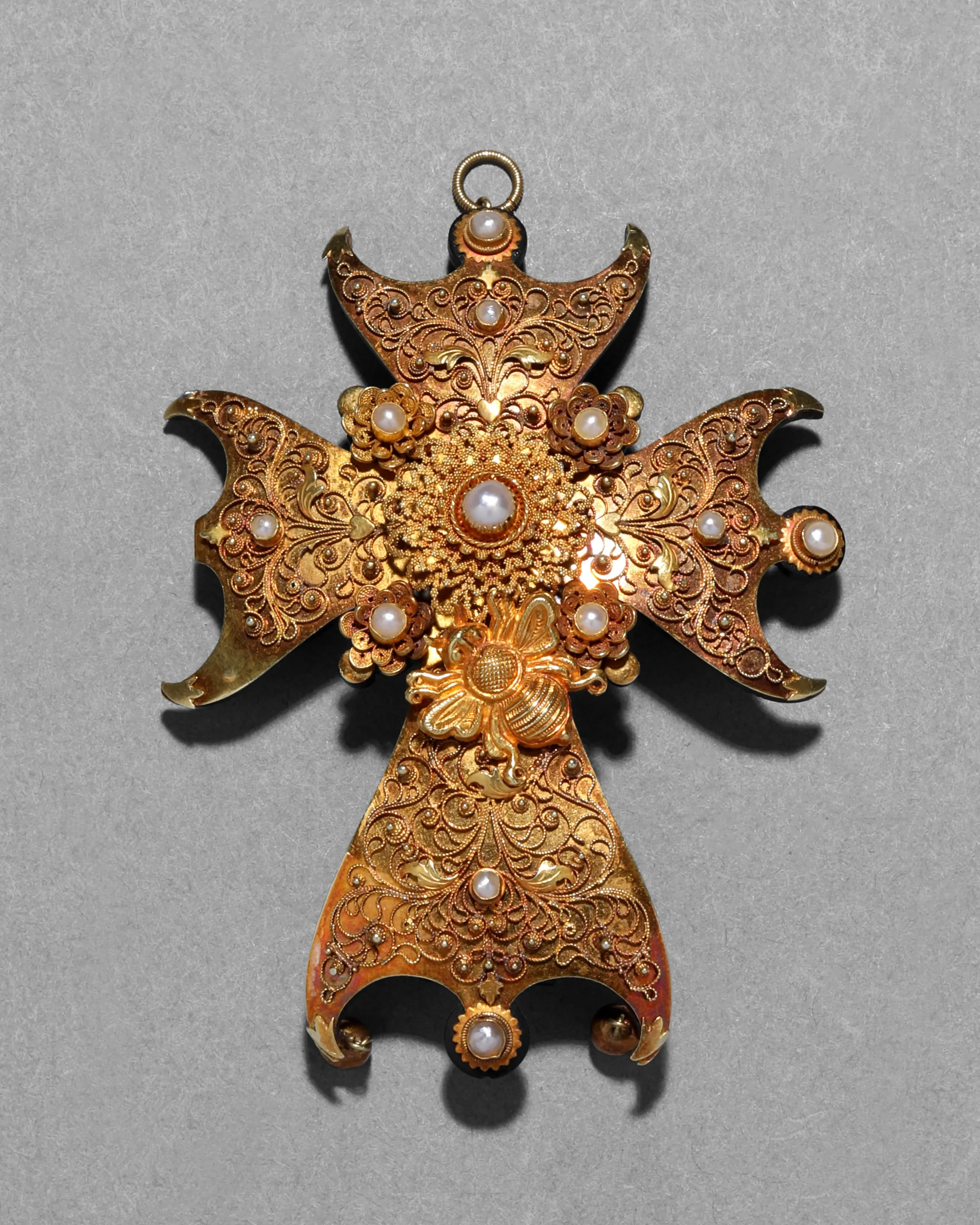 Antique 1800s 18k Gold with Tortoise & Pearl Gold Cross Pin