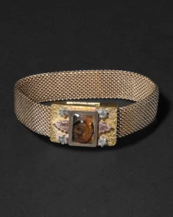 Antique 1800s 14k Tricolor Gold Fill & Hand-Carved Tigers Eye Handmade Bracelet 1