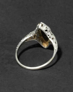 Antique 1910s 14k White Gold with Diamond, Emerald & Onyx Marquis Ring