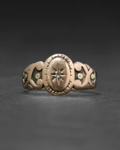 Antique 1800s 10k Yellow & Rose Gold Signet Ring with Diamond Star Motif