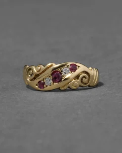 Antique Victorian English 1800s 14k Gold with Ruby & Diamond Band Ring