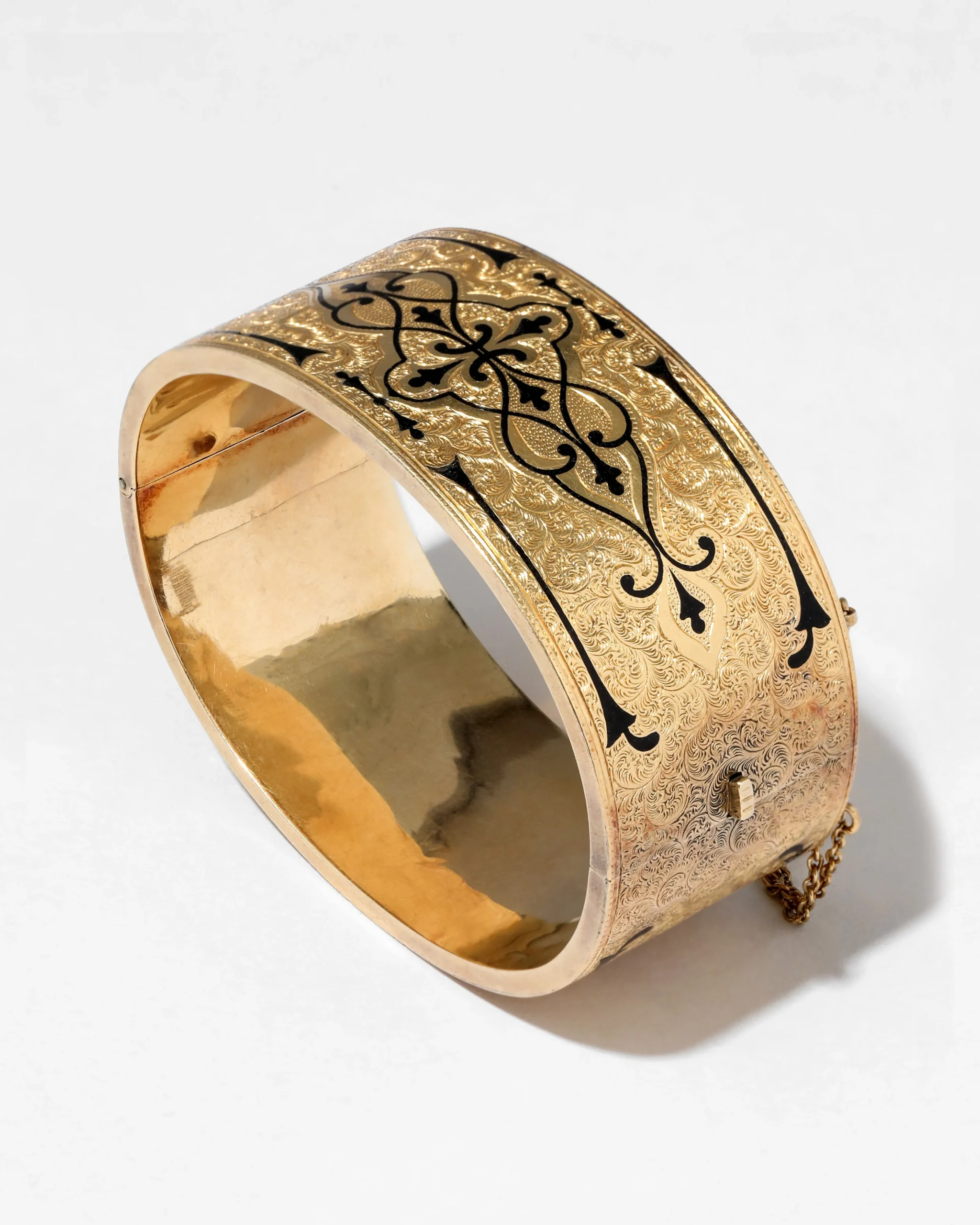 Antique Victorian 14k Gold & Enamel Hand Etched Hinge Bracelet