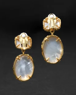 Brut Gold Bezel Drop Clip Earring- White Mother of Pearl