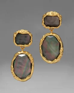Brut Gold Bezel Drop Clip Earring- Black Mother of Pearl