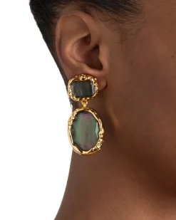 Brut Gold Bezel Drop Clip Earring- Black Mother of Pearl