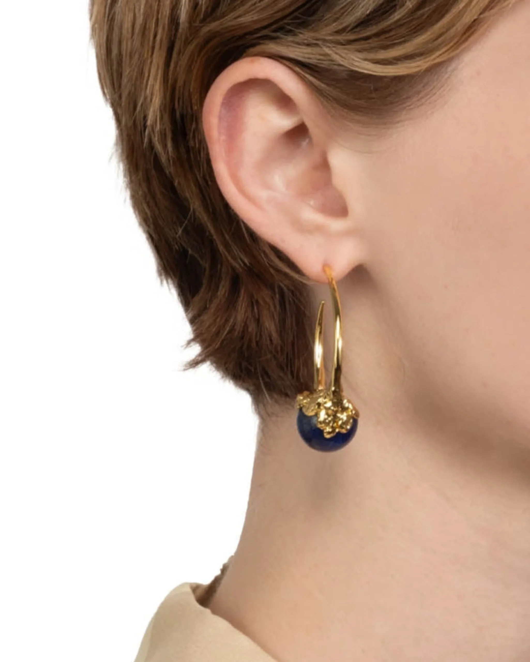 Brut Gold Capped Lapis Hoop Earring
