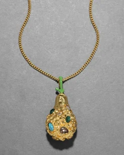 Brut Gold Jewel Studded Pear Pendant Necklace