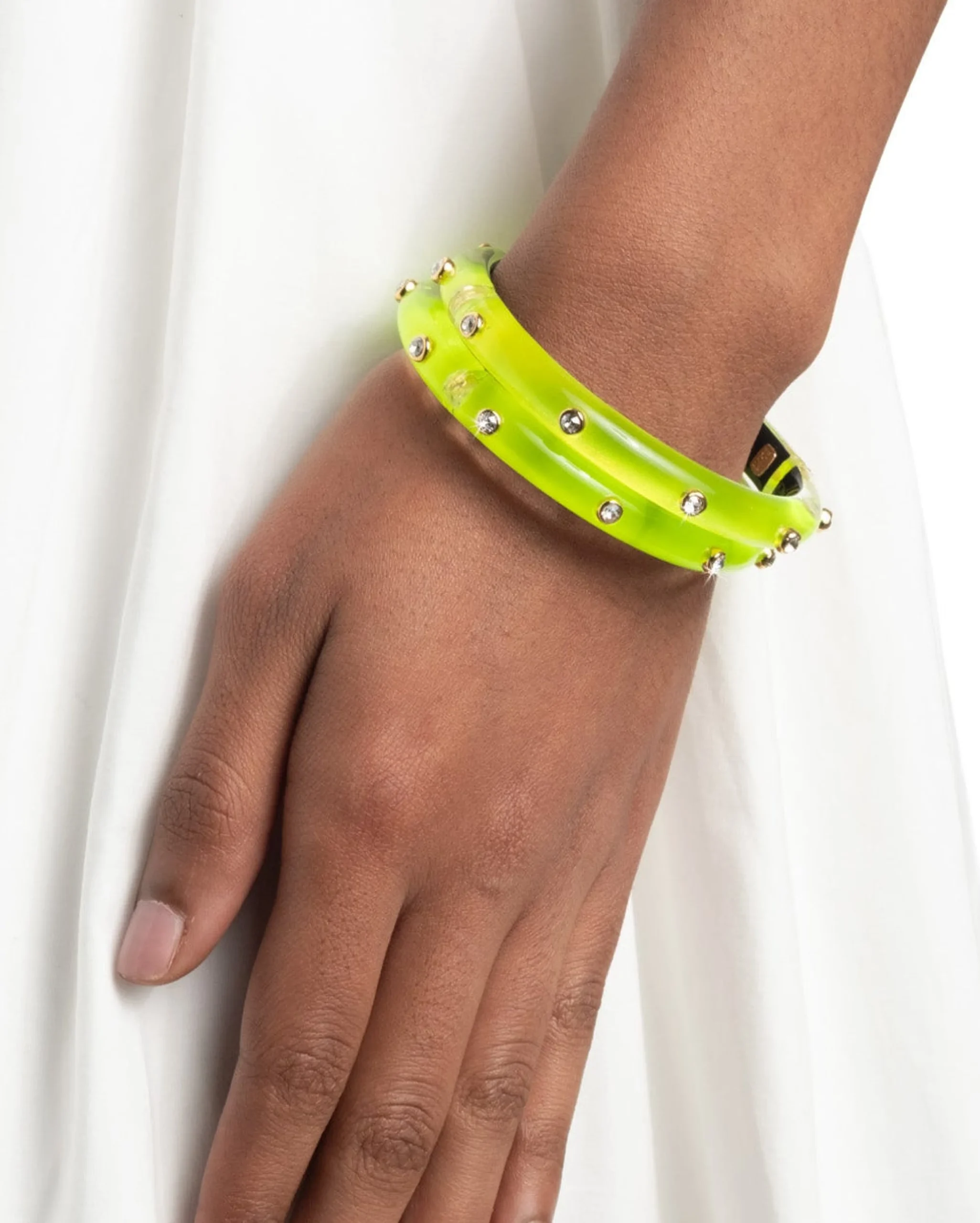 Crystal Studded Lucite Hinge Bracelet- Fluorescent Yellow