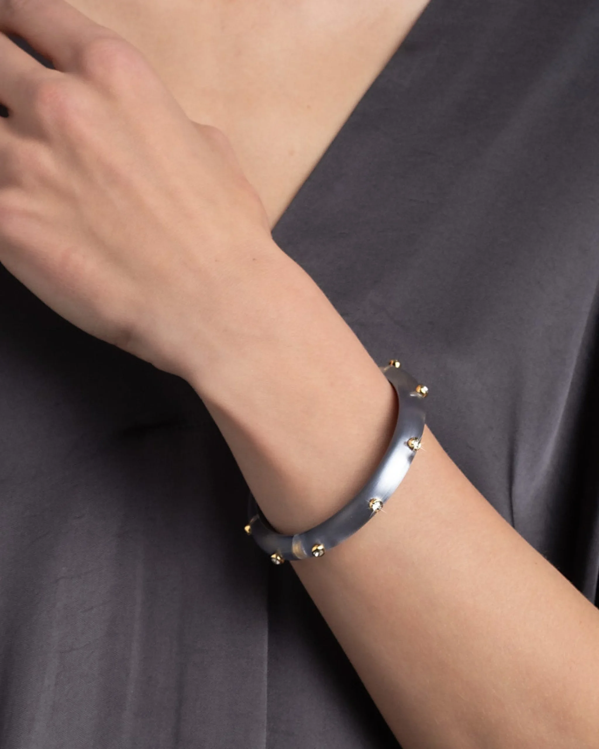 Crystal Studded Lucite Hinge Bracelet- Steel Blue