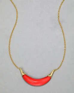 Gold Capped Crescent Lucite Necklace- Lipstick Red
