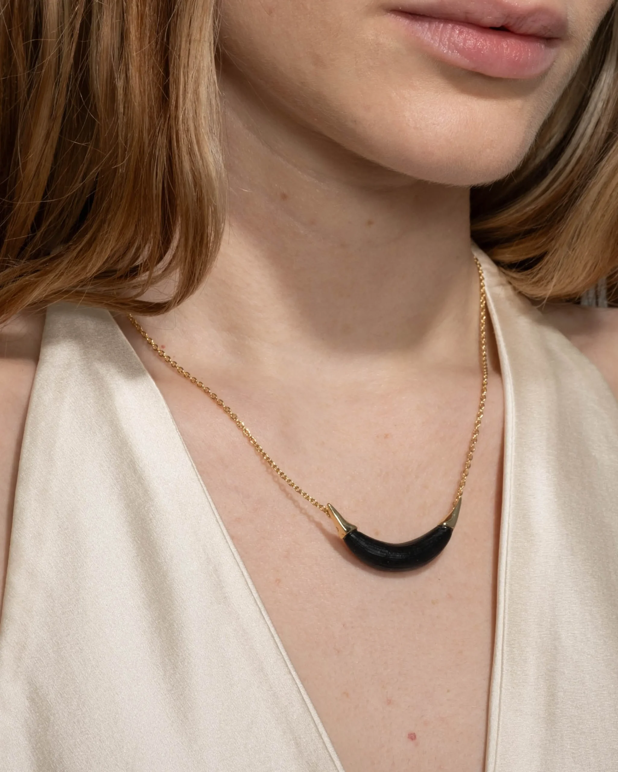 Gold Capped Crescent Lucite Necklace- Black