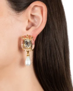 Liquid Lucite Jeweled Freshwater Pearl Drop Earring- Clear
