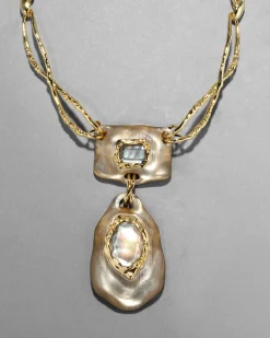 Lucite Brutalist Black Mother of Pearl Doublet Necklace- Warm Grey