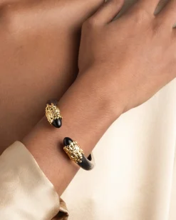 Lucite Brutalist Black Obsidian Hinge Bracelet- Black