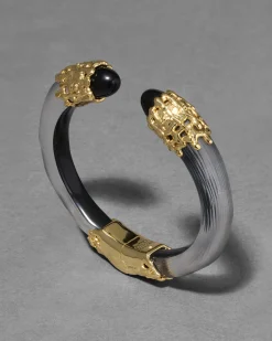 Lucite Brutalist Black Obsidian Hinge Bracelet- Black