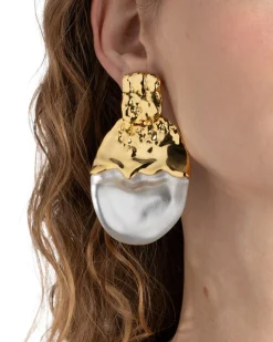 Lucite Brutalist Gilded Disc Clip Earring- Silver