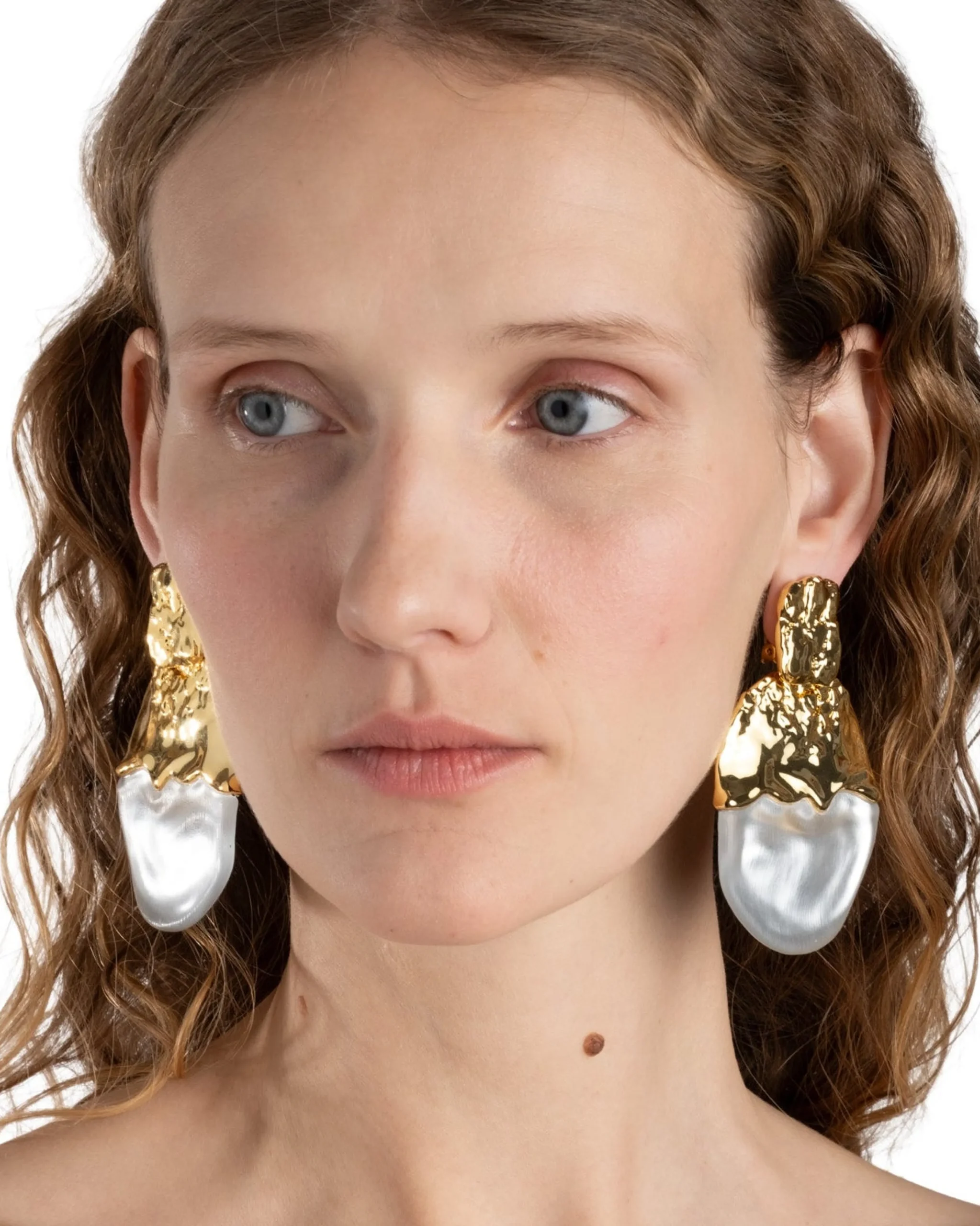 Lucite Brutalist Gilded Disc Clip Earring- Silver