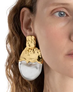 Lucite Brutalist Gilded Disc Clip Earring- Silver