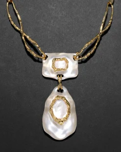 Lucite Brutalist White Mother of Pearl Doublet Necklace- Silver