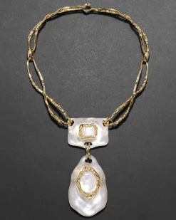Lucite Brutalist White Mother of Pearl Doublet Necklace- Silver