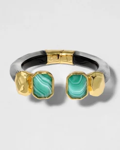 Lucite Green Agate Capped Hinge Bracelet- Black