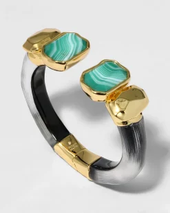 Lucite Green Agate Capped Hinge Bracelet- Black