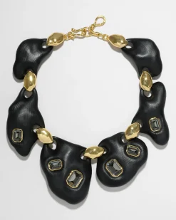 Lucite Jeweled Pebble Necklace- Black