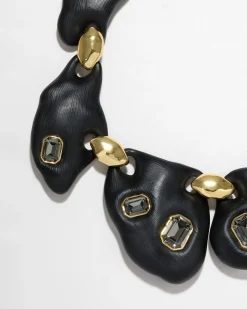 Lucite Jeweled Pebble Necklace- Black