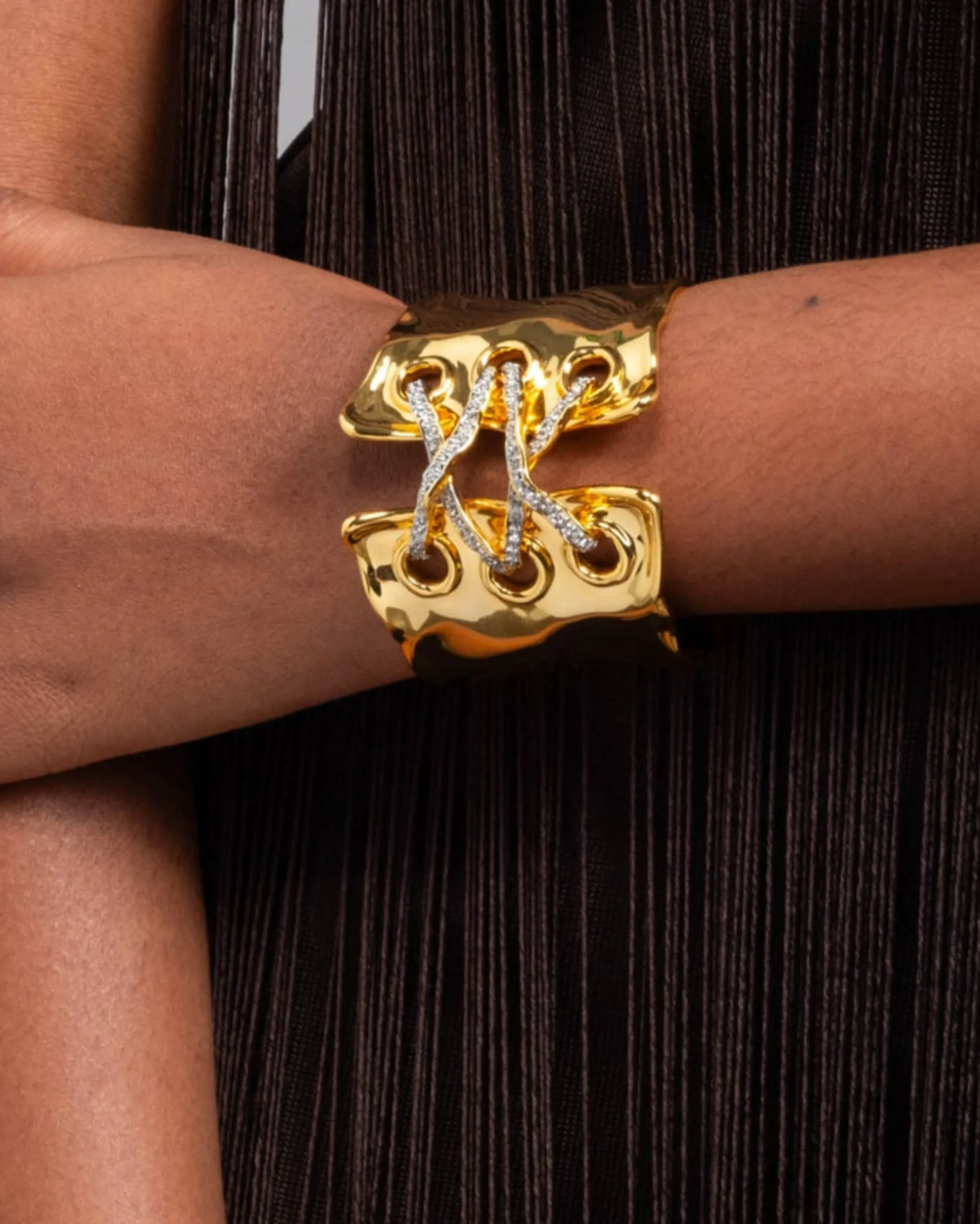 Solanales Gold Crystal Lace Up Cuff Bracelet