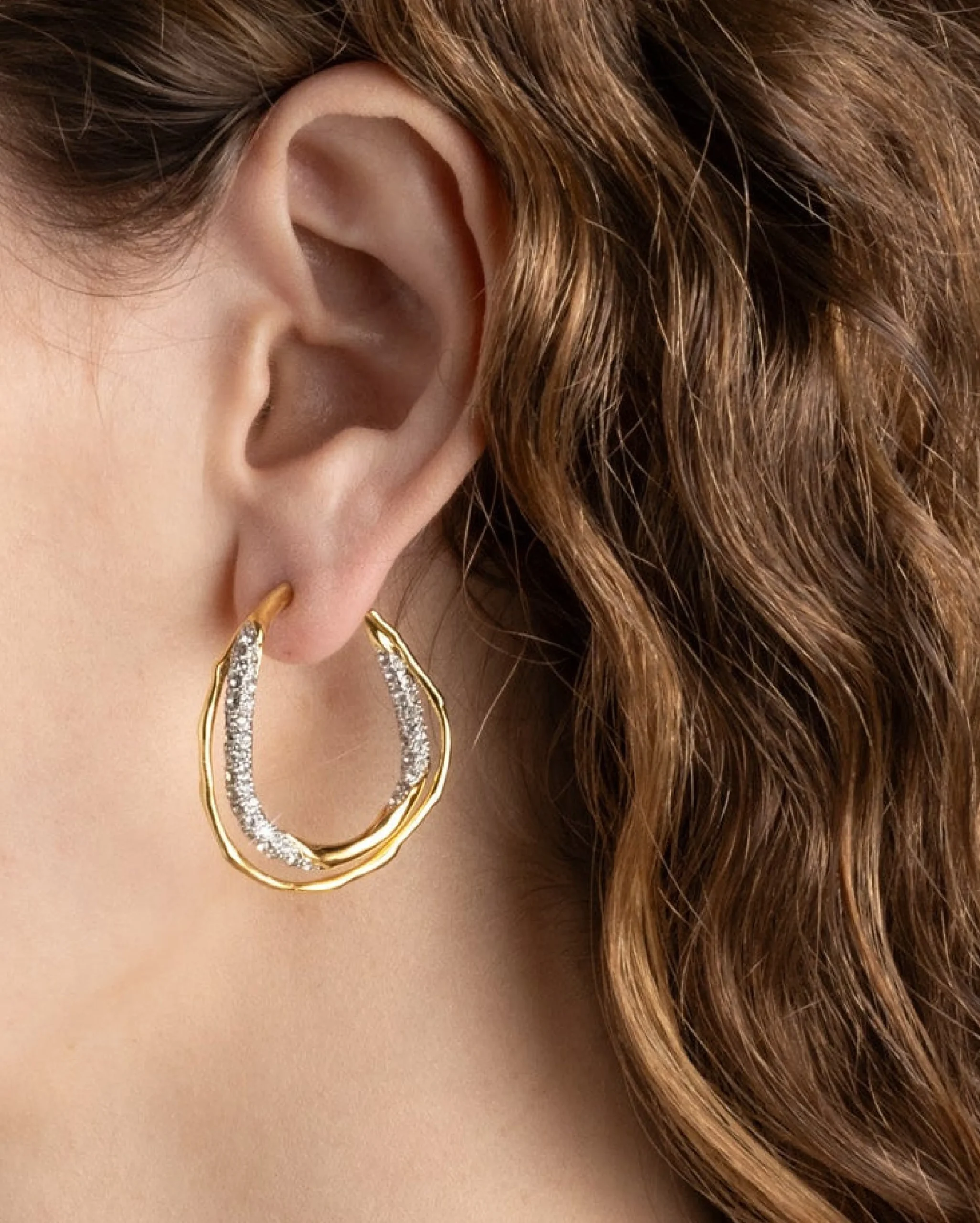Solanales Gold Crystal Twist Hoop Earring
