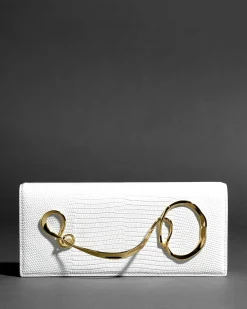 Twisted Gold Side Handle Clutch Purse- White