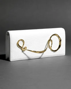 Twisted Gold Side Handle Clutch Purse- White