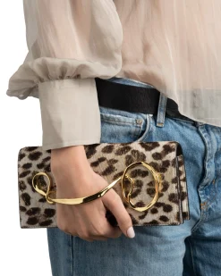 Twisted Gold Side Handle Clutch Purse- Metallic Leopard