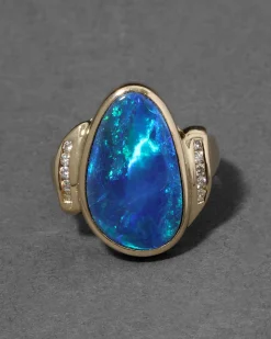Vintage 1970s 14k Gold & Opal with Diamond Border Ring