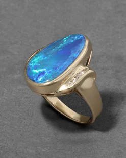 Vintage 1970s 14k Gold & Opal with Diamond Border Ring