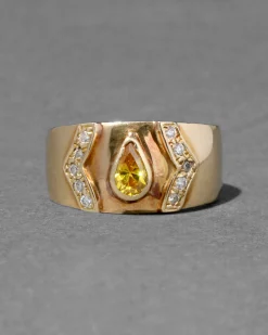 Vintage 1980s 18k Gold & Yellow Topaz & Diamond Cigar Band Ring