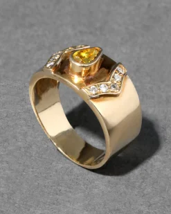 Vintage 1980s 18k Gold & Yellow Topaz & Diamond Cigar Band Ring