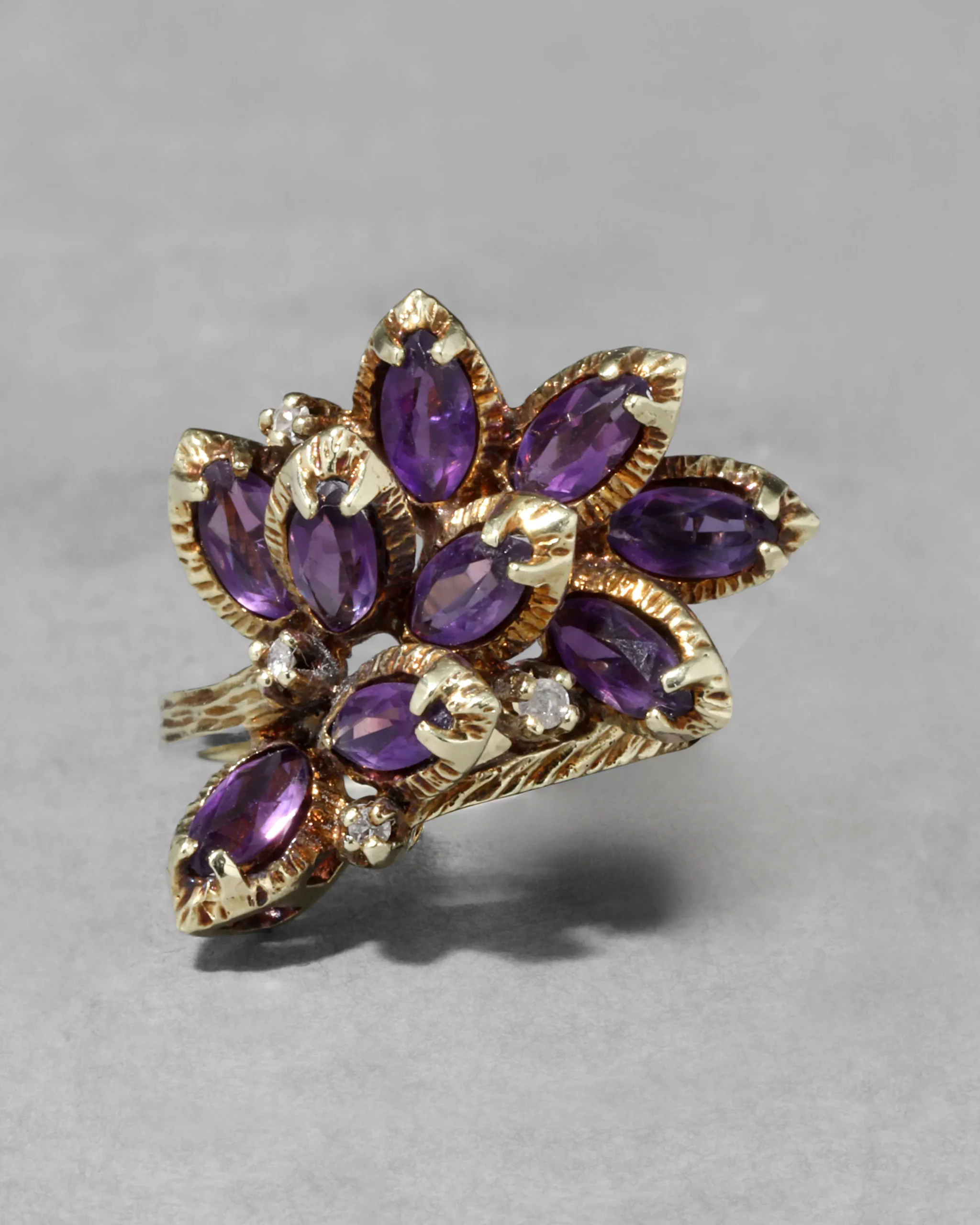 Vintage 1960s 14k Gold Handmade Brutalist Amethyst & Diamond Ring