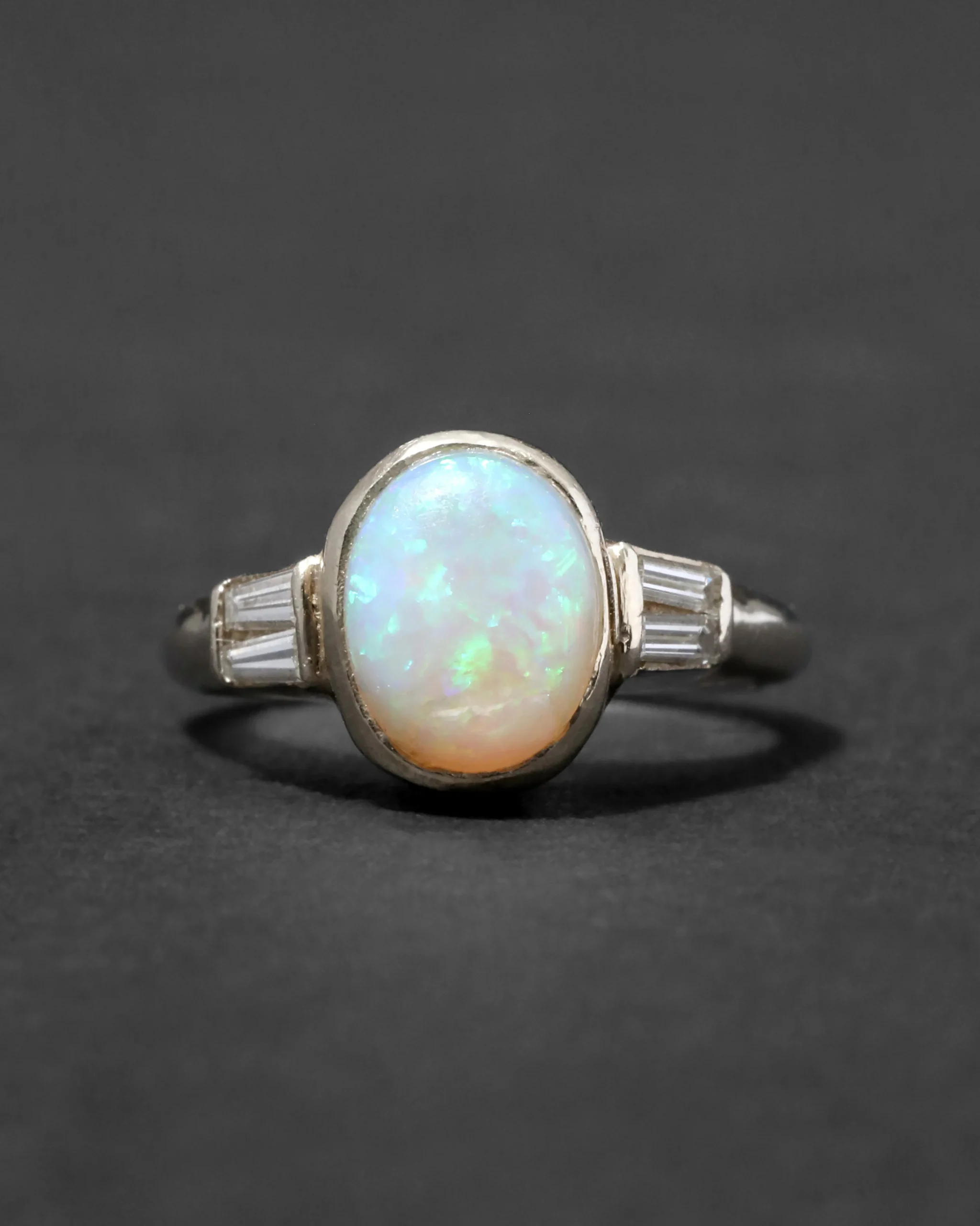 Vintage 1950s 14k Gold Modernist High Prong Set Opal with Diamond Baguette Ring