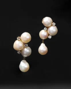 Vintage 1950s 14k Gold Pearl and Diamond Cluster Clip Earring