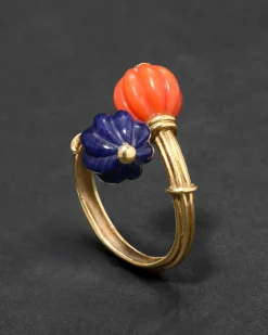 Vintage 1940s 18k Gold Spitzen & Furman Coral & Lapis Bypass Ring