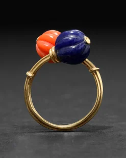 Vintage 1940s 18k Gold Spitzen & Furman Coral & Lapis Bypass Ring